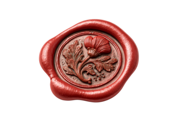 Red wax seal stamp with embossed floral motif on a transparent background, cut out