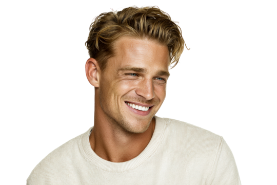 Man with Blond Hair Smiling and Looking Away on a transparent background, cut out