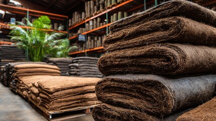 A warehouse full of biodegradable mats made of natural fibers, stacked on pallets and shelves, for environmental protection and soil erosion control. Natural, sustainable solutions.