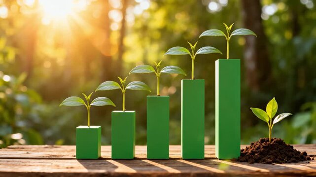 Time-lapse of plants growing on a green bar chart. Conceptual animation of business investment and financial success. Sustainable development and environmental profit concept