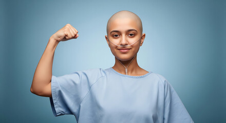 A courageous female cancer patient in a blue hospital gown flexes her arm in a gesture of strength and resilience