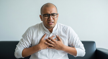Indian man in a yellow shirt sits clutching his chest in distress, visually representing heart pain and medical urgency