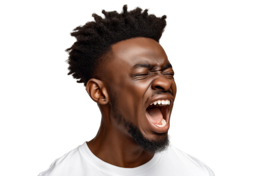 Black man with curly hair shouting in anger on a transparent background, cut out