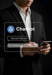 Man in suit interacting with chatbot interface black