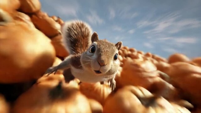 A Lively Squirrel Joyfully Leaps Amongst a Sea of Bright Orange Pumpkins, Capturing the Essence of Autumn and Playfulness in a Vibrant Natural Setting