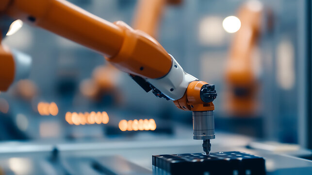 A dynamic shot of a robotic arm meticulously working in an industrial setting, exemplifying precision and automation in manufacturing. Focus on the seamless integration of technology.