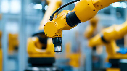 A robotic arm in a factory demonstrates automated precision. Its yellow arm contrasts with the blue background, symbolizing the blend of technology and efficiency.