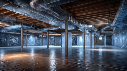Fototapeta premium Spacious basement encapsulated with plastic vapor barrier, wooden support beams, and ductwork. A clean, moisture-controlled environment ready for finishing or storage.