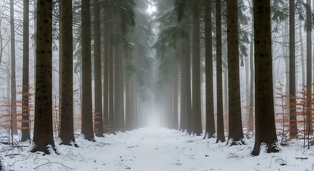 Snowy Forest Path Lined with Tall Pine Trees in Fog winter