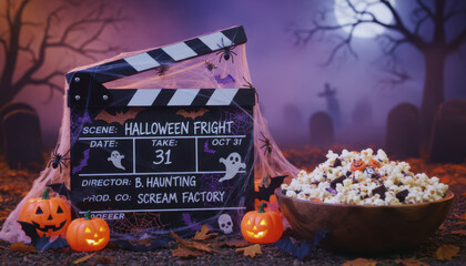 Halloween clapperboard with popcorn, pumpkins, and spooky decorations creates festive atmosphere
