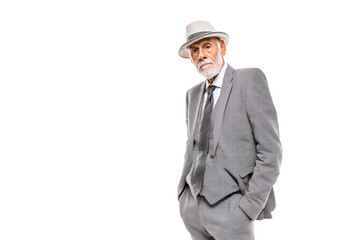 Elderly man in a suit and hat on a transparent background, cut out