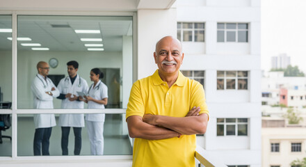 A confident Indian doctor stands with crossed arms in a hospital corridor, while a team of medical professionals consult in the background