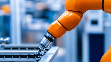 Precision manufacturing: An automated robotic arm delicately manipulates materials with exacting control in a modern factory setting. Efficiency and precision are automated.