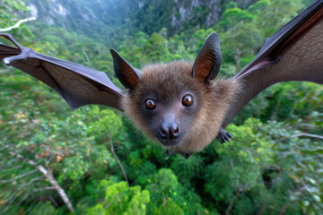 Bat flying in tropical rainforest with lush greenery and mountainous backdrop