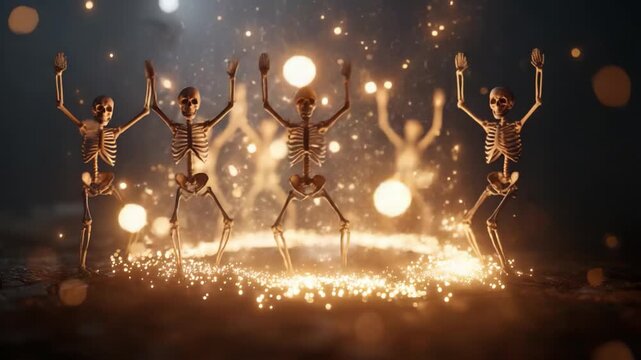 A playful dance of animated skeletons surrounded by mystical sparks and glowing orbs, creating a whimsical yet eerie atmosphere in a shadowy environment.