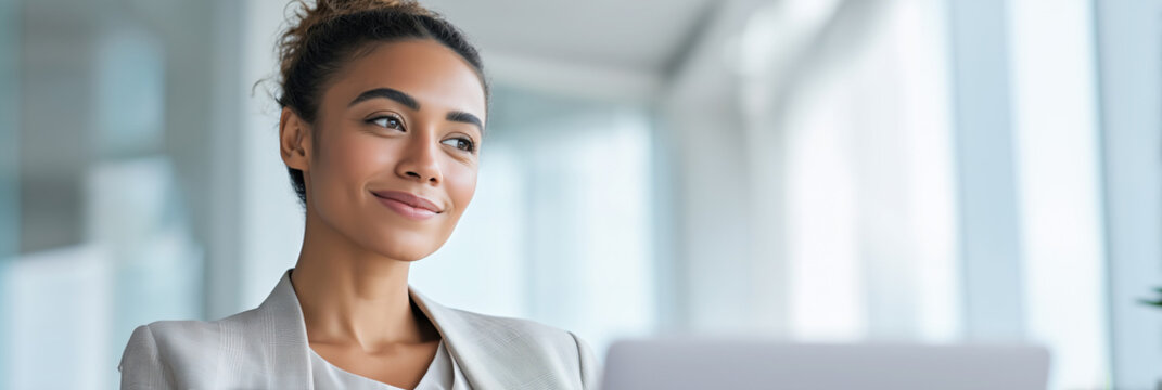 Confident Biracial Businesswoman Leader Smiling Professional Woman Thinking In Modern Office Setting