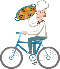 A cook carries a paella while riding a bicycle. Humorous illustration of a cook riding a bicycle holding a paella with one arm raised.