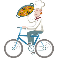 A cook carries a paella while riding a bicycle. Humorous illustration of a cook riding a bicycle holding a paella with one arm raised.