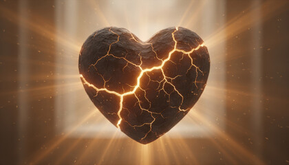 Cracked heart with golden light shining through, symbolizing emotional pain and hope