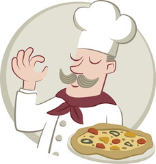 Chef standing holding a pizza. Retro style illustration of an Italian cook holding a pizza.