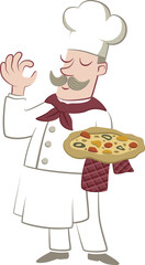 Chef standing holding a pizza. Retro style illustration of an Italian cook holding a pizza.