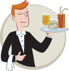 Portrait of a young waiter holding a tray of drinks. Retro style illustration of a young waiter holding a tray with drinks.
