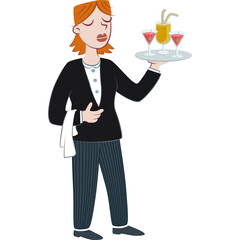 A young waitress holding a tray of drinks. Retro style illustration of a young waitress holding a tray with drinks.