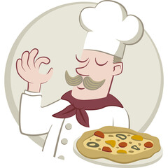 Chef standing holding a pizza. Retro style illustration of an Italian cook holding a pizza.