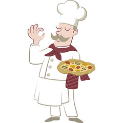 Chef standing holding a pizza. Retro style illustration of an Italian cook holding a pizza.