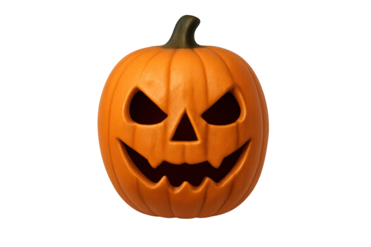 Bright orange jack-o'-lantern pumpkin with classic carved face and jagged mouth