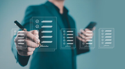 Businessman checking digital checklist documents with smartphone, representing task management,...