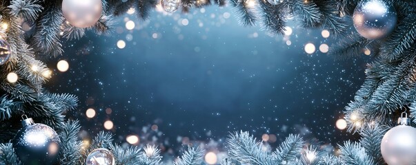Festive winter background displaying frosted fir branches, ornaments, sparkling lights, and glistening snow