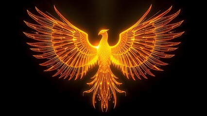 Glowing digital phoenix with golden light and binary code wings spreading on black background. Symbol of rebirth, technology fusion, and digital energy.