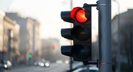 Close up photo of a red traffic light hanging from a pole on the right side of the road