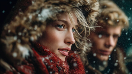 Modern winter couple closeup shot with red scarf