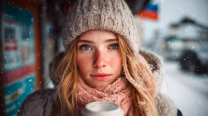 Young Influencer Snowy knit beanie portrait with hot drink