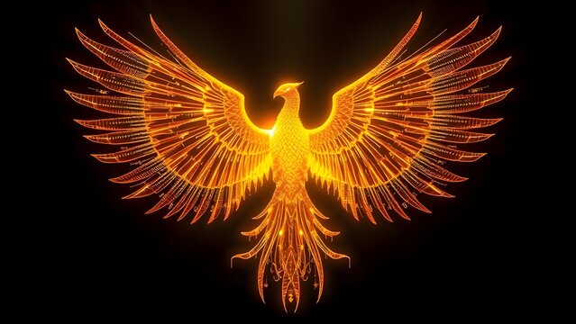 Glowing digital phoenix with golden light and binary code wings spreading on black background. Symbol of rebirth, technology fusion, and digital energy.