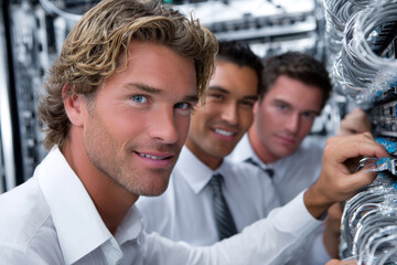 Three IT professionals working on servers in a data center during the day