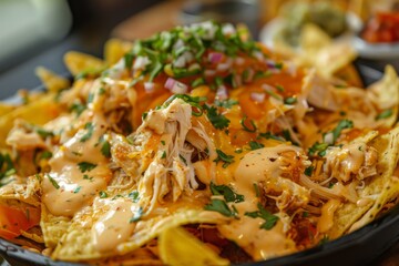 Delicious nachos topped with chicken and cheese