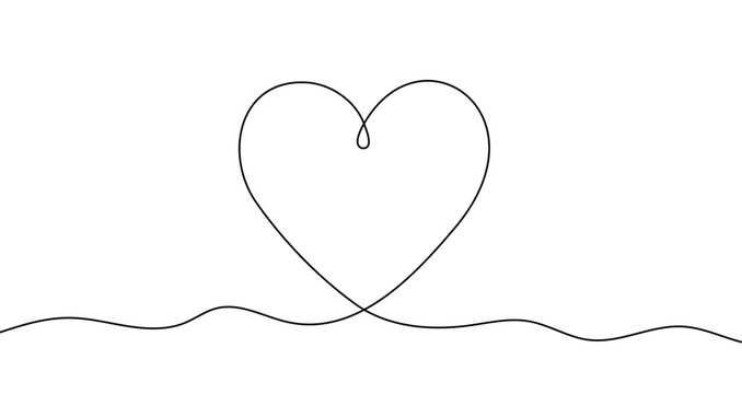 Naklejki Heart in one line art style. Drawing of a love symbol with editable black stroke on a white background. Vector illustration.