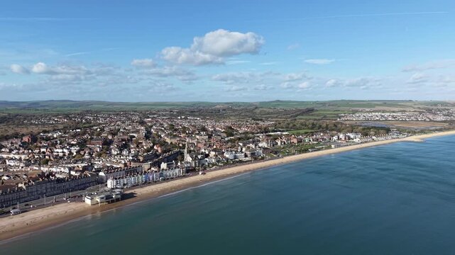 Aerial drone view of the popular seaside town of Weymouth, Dorset England, UK