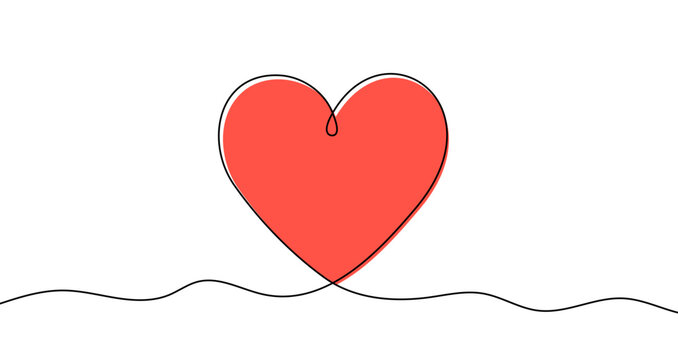 Naklejki Red heart in one line art style. Drawing of a love symbol with editable black stroke and red fill on a white background. Vector illustration.