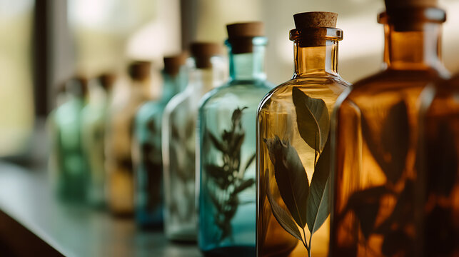 A row of glass bottles with cork stoppers containing various botanical specimens, creating a vintage science vibe. Diverse colors, soft light, and herbal charm.