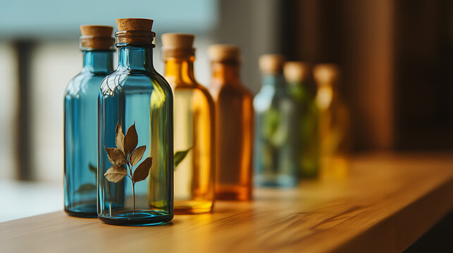 A collection of colorful glass bottles, each with a cork stopper, sits in a row, some containing foliage, on a wooden surface, creating a natural, calming aesthetic.