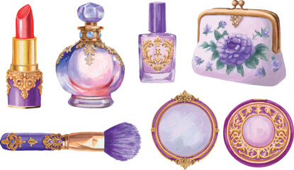 手描きの水彩絵の具で描いた紫系のコスメセット
