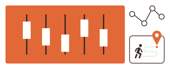 Candlestick chart for market trends, pin for location tracking, and user movement path. Ideal for finance, navigation, data analysis, market trends, strategy journey mapping technology. Simple flat