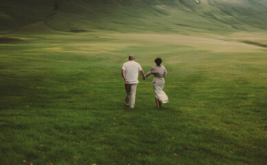 A beautiful couple, a man and a woman, are walking away across the meadow