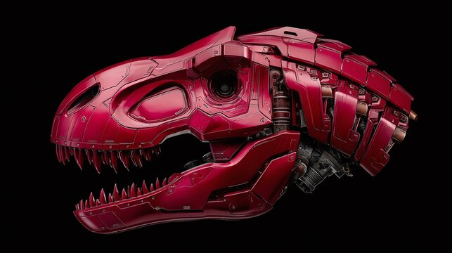 Metallic Crimson T-Rex: A striking blend of prehistoric power and futuristic engineering. The head of a fearsome mechanical predator, a testament to innovation.