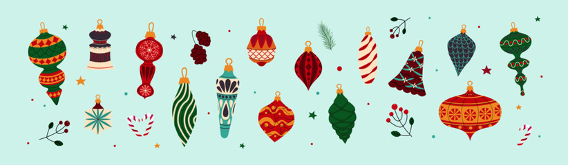 Christmas tree decorations, a set of Christmas ornaments on a mint background. Retro Christmas toys. Vintage New Year's decorations. Collection of New Year's decorations.