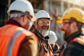 Happy construction workers talking on site